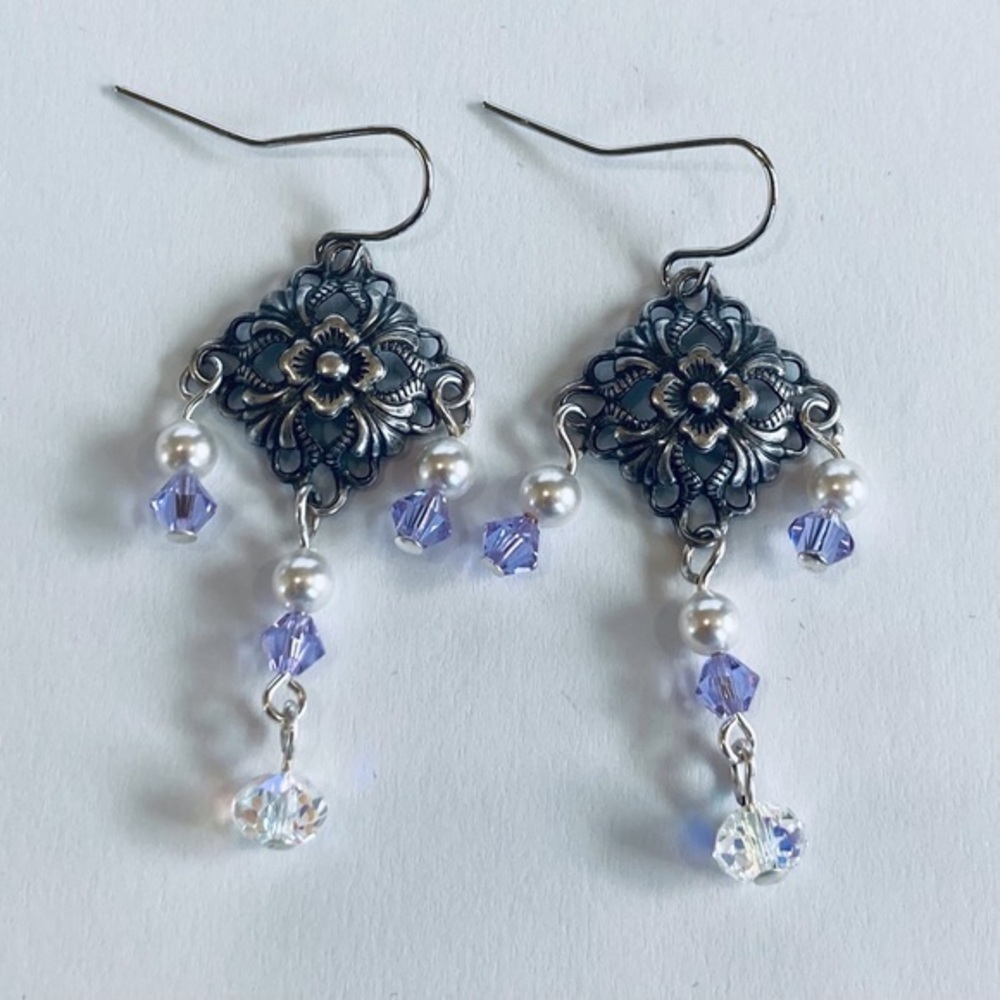 HAND CRAFTED Art Nouveau Chandelier EARRINGS Swarovski Pearls & Crystals NWT